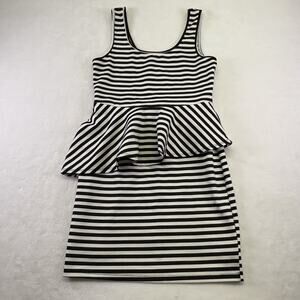Living Doll Black White Striped Peplum Bodycon Sleeveless Mini Dress Size L